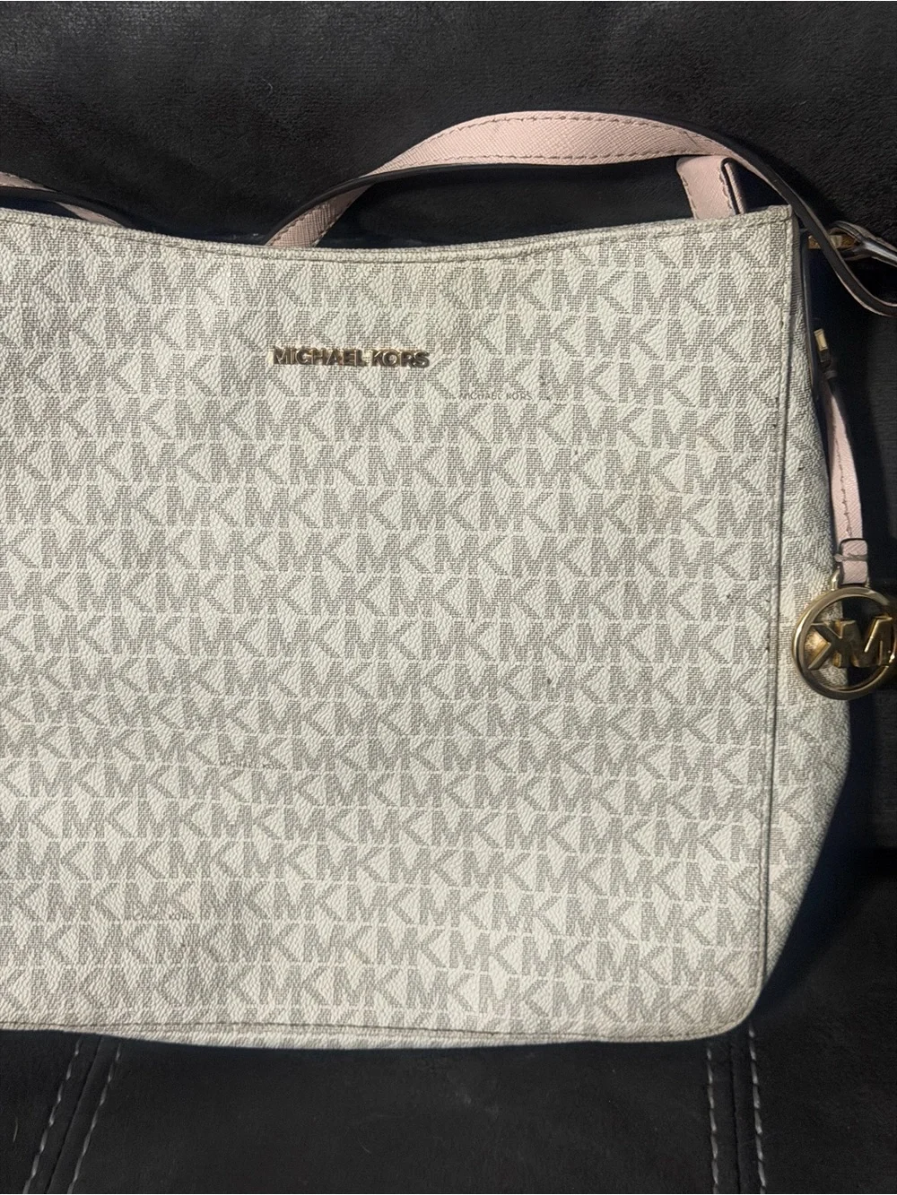 Michael Kors Jet Set Signature Crossbody Bag Vanilla MK Logo Pink Trim
